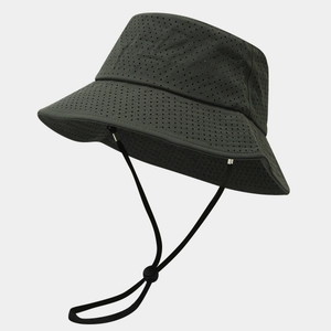 Detail view of laser-cut ventilation holes and adjustable wind cord on sun hat