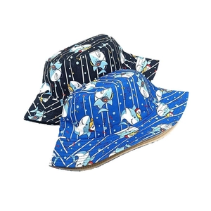Blue kids bucket hats with cartoon shark patterns for outdoor sun protection and sunshade
