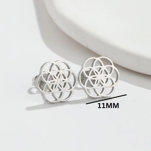 Floral Flower of Life 11mm stainless steel stud earrings in silver finish