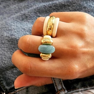 French Retro Copper Gold Plated Amazonite Color Oval Stone Ring Hammered Texture Fashion Vacation Jewelry For Women