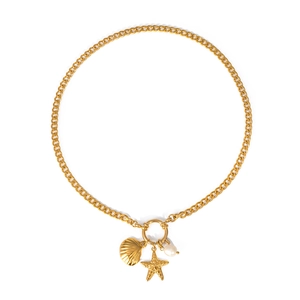 Detail of Cuban chain necklace featuring shell, starfish, and pearl charms in gold finish