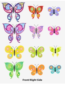 Detailed flat lay of 12 colorful 3D butterfly wall stickers with diverse folk patterns
