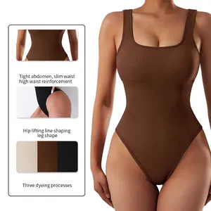 Brown ribbed seamless tummy control yoga bodysuit with high waist sculpting effect