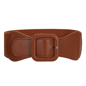 Women's elastic wide waist belt in brown faux leather with vintage square buckle