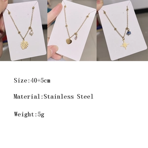 Gold stainless steel pearl necklace with monstera, heart, and star pendants for women
