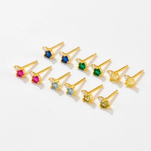 Set of six pairs of S925 silver 3mm colorful gemstone stud earrings in gold finish
