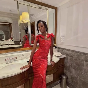 Elegant Lace Maxi Dress With Bow Shoulder Straps Slim Fit Sleeveless Backless Party Evening Bodycon For Women