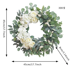 Artificial flower wreath with white roses, hydrangea, and eucalyptus leaves, 45cm diameter