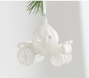 Detailed view of white glitter pumpkin carriage Christmas ornament with silk ribbon