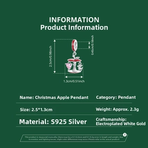 Size guide for S925 sterling silver Christmas apple pendant with red enamel and crystals