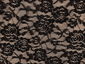 Dettaglio macro dell'intricato motivo in pizzo nero a rose su un elegante tessuto