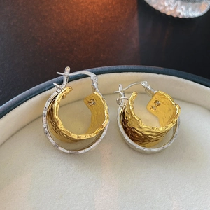 Bicolor Layered Hoop Earrings Copper Hammered Wrinkled Texture With 925 Sterling Silver Earring Post For Women Fashion