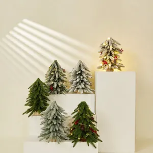 Artificial Mini Christmas Tree Desktop Ornament Nordic Winter Home Decor Wood Base Red Berries Pine Cones LED Light