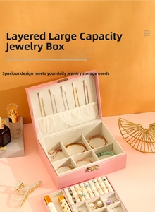 Pink double-layer PU leather jewelry box detail with necklace hooks and ring compartments