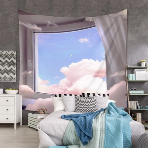Detail showing minimalist window landscape tapestry with blue sky and pink clouds