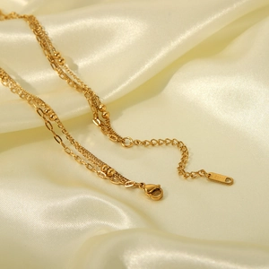 Multi-layer gold stainless steel necklace with fine bead and oval link chains for women