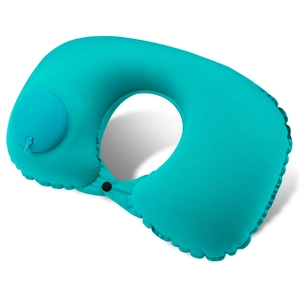 Portable inflatable turquoise U-shaped travel neck pillow with manual press pump and buckle