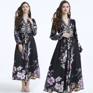 Floral Hummingbird Print Maxi Dress V Neck Lantern Long Sleeve High Waist Polyester Elegant Vintage Vacation Dress