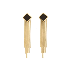 Elegant long tassel earrings featuring black square studs and golden snake chain fringes
