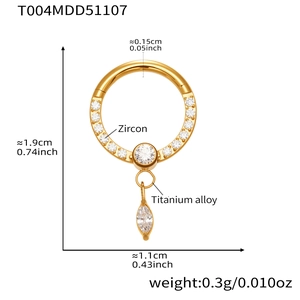 Detailed size chart for titanium gold nose ring with zircon stones and dimensions