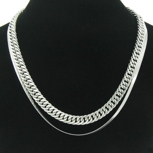 Double-layered silver titanium steel necklace with Cuban and snake chain styles on a bust