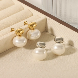 French geometric pearl gold ball earrings in 18k gold plated stainless steel