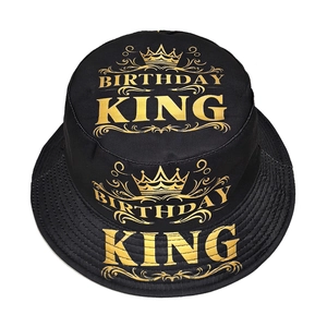 Bob en coton noir avec texte doré Birthday King et motif imprimé de couronne