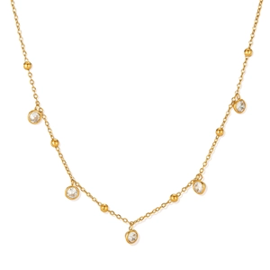 Elegant gold plated stainless steel necklace featuring small round beads and inlaid zircons