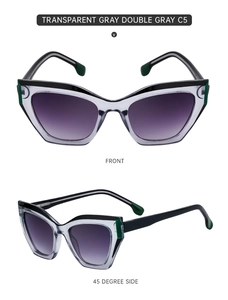 Front and side view of transparent gray cat-eye sunglasses with gradient lenses