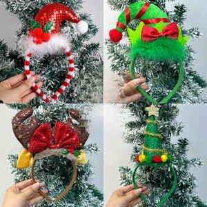 Detail of four Christmas headband styles including sequin Santa hats and reindeer antlers