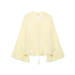 Women's 2025 summer light yellow long sleeve shirt with lace-up detail and flared sleeves