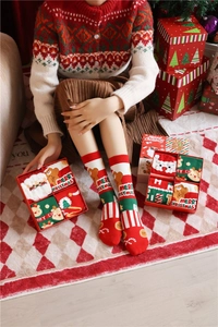Detail of combed cotton Christmas socks set in festive gift box with holiday motifs