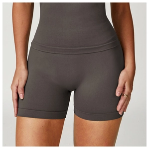 Detail of high waisted seamless yoga shorts with ribbed hem in charcoal grey fabric