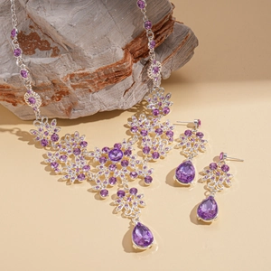 Elegant silver necklace set with purple flower zircon stones and teardrop earrings