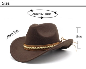 Détail chapeau de cowboy en feutre café avec ruban tressé et dimensions spécifiées