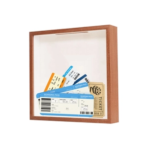 Wooden shadow box frame for boarding pass and concert ticket storage with top slot