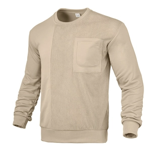 Men's khaki crew neck sweatshirt featuring corduroy patchwork and a functional chest pocket