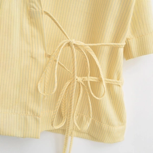 Women's V-neck striped kimono top with yellow short sleeves and dual bow-tie waist design