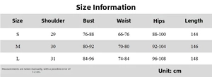Detailed size chart for the ruched evening gown featuring bust, waist, and hip measurements