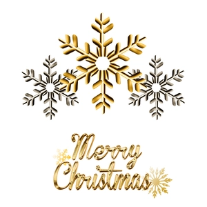Golden and silver 3D Christmas snowflake stickers with metallic Merry Christmas lettering