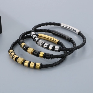 Three-piece set of woven leather bracelets for men with gold, silver, and black metal clasps