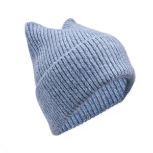 Detailed side view of light blue knit beanie featuring cute cat ear design and folded cuff