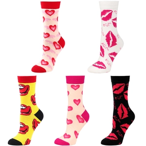 Flat lay of five pairs of heart and lip patterned mid-calf cotton socks in various colors