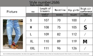 Tableau des tailles détaillé pour jeans déchirés incluant taille et hanches