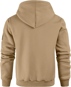 Vista trasera de sudadera con capucha de forro polar caqui para hombre y puños acanalados