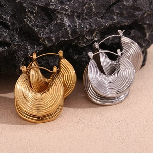 18K gold and silver plated hoop earrings with textured tiered ripple design for women