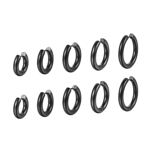 Set of five pairs of black stainless steel hoop earrings in various graduated sizes
