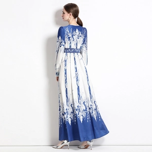 Elegant blue and white floral vintage long-sleeve maxi dress with silky finish