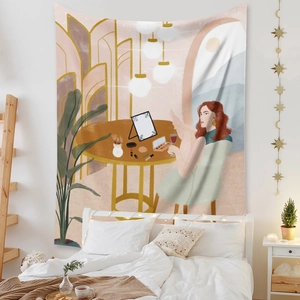 Detail of bohemian wall tapestry showing a woman at dressing table in cozy bedroom