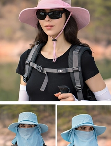 Détail chapeau soleil extérieur à large bord avec masque respirant et cordon coupe-vent